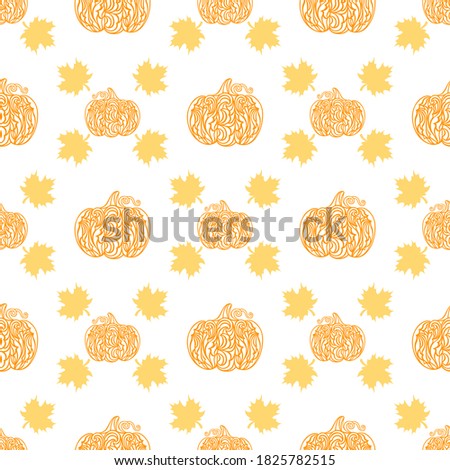 A pattern of pumpkins and maple leaves. Thanksgiving Day. Vector seamless texture. Doodle style. Autumn symbols. For fabric, decorative paper, invitations, textiles.