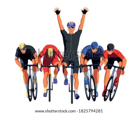 Men s bicycle race. Cyclists at the finish line are fighting for the victory. Final sprint front view. Athletes on bikes are finishing the race and pushing each other with elbows. Vector flat design