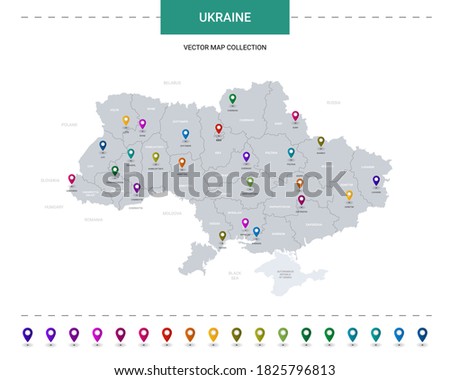 Ukraine map with location pointer marks. Infographic vector template, isolated on white background. 
