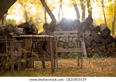 wooden table and chairs in the backyard, firewood background. Autumn sunny day.