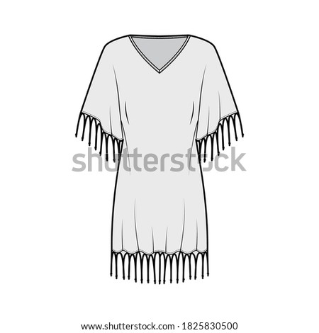 Fringed kaftan dress technical fashion illustration with deep V-neck, batwing elbow sleeves, above-the-knee length, oversized. Flat template front grey color. Women men unisex top CAD mockup