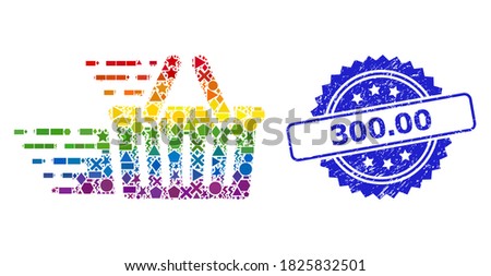 Spectrum colorful vector shopping basket collage for LGBT, and 300.00 textured rosette stamp seal. Blue stamp seal has 300.00 text inside rosette.