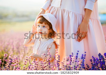 Mother hugs daughter at sunset in the lavender field.