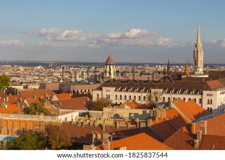 View of the rooftops of the historic Old Town of Budapest from a height. Hungary