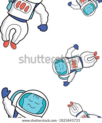 Seamless pattern with cartoon space elements. 
astronaut waving hand
Endless texture for kids design