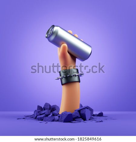3d render, cartoon character hand holds metal can of beer. Abstract alcohol drink commercial poster mockup. Rock concert clip art isolated on violet background