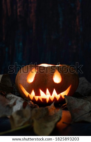 Halloween pumpkin lantern with dry leaves and with dark background