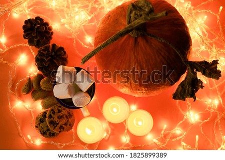 View of  a halloween pumpkin with some candles and lights on the background
October background.