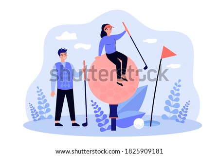 Tiny golf players with brassies and ball having fun on lawn. Champions enjoying game. Flat vector illustration for hobby, championship, activity, competition, recreation concept Royalty-Free Stock Photo #1825909181