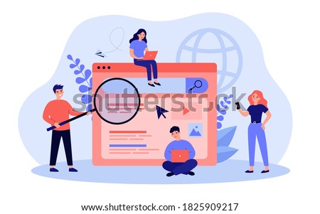 Search engine answering users questions. People using laptops and phones for online query. Flat vector illustration for advertising, SEO work, website promotion concept Royalty-Free Stock Photo #1825909217