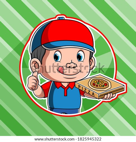 The delicious pizza courier delivery use the red and blue cap
