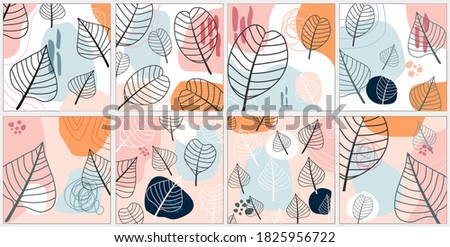 Abstract collection of backgrounds with contemporary trendy design, decorative shapes and plants, leaves pastel colors