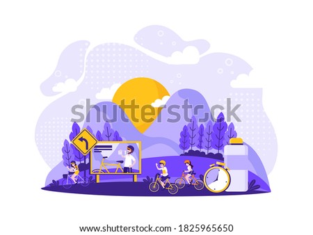 Cyclists sport tiny people riding bicycles in public city park. Vector illustration