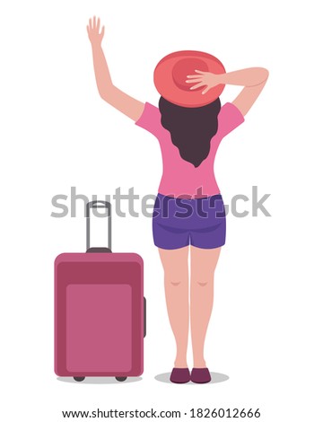 Young girl in a hat and with a suitcase isolated on a white background. Woman standing with her back. Character in flat cartoon style. Vector illustration