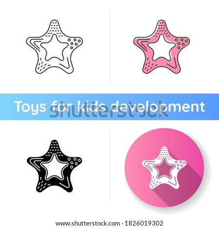 Baby teether icon. Infants safe chewing toys. Oral health. Early childhood education and childcare. Star shaped toy. Linear black and RGB color styles. Isolated vector illustrations