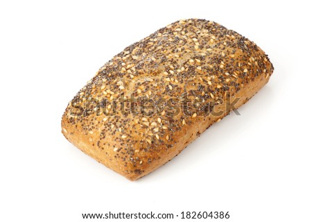 Dietary whole poppy and sunflower seeds bread isolated on white background.