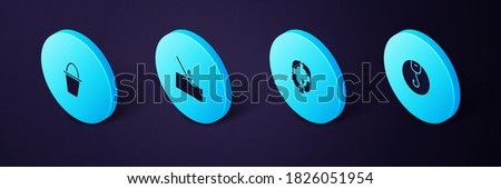Set Isometric Fishing hook, Inflatable boat, float water and bucket icon. Vector.