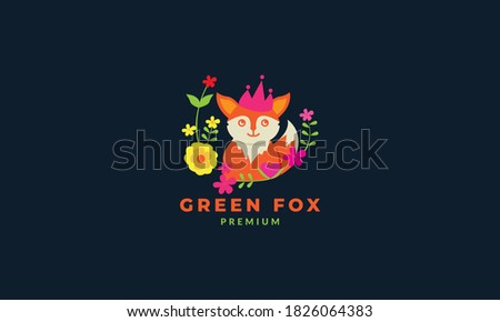 fox cute cartoon happy with flower abstract logo icon vector illustration