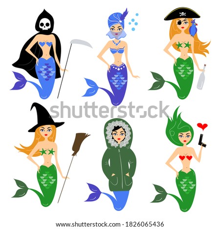 set of mermaids in different costumes. cartoon