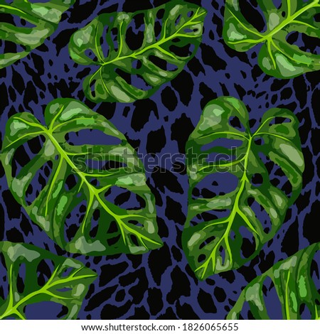 Tropical seamless pattern on animalistic texture. Jungle exotic summer print. Summer tropical leaf. Tropical flower fashion pattern. Floral tropic illustration. Vector seamless pattern.