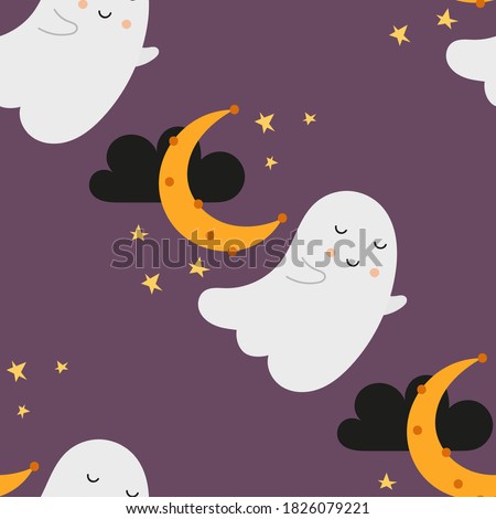 Halloween seamless pattern with cute Halloween characters and symbols – funny ghost, moon, clouds. October magic background. Vector Illustration. Pattern is cut, no clipping mask.