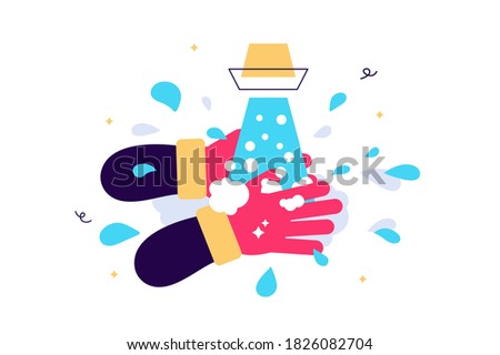 Cartoon vector illustration of wash your hands with water jet. Hygiene standard on white.