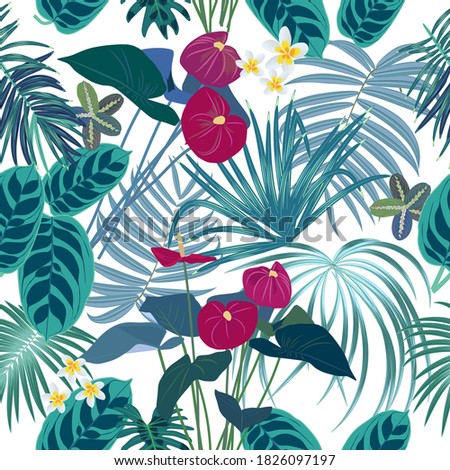 Seamless pattern of tropical jungle palm leaves and flowers, vector background