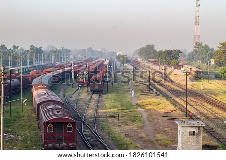 Drone Picture facing west of the Faisalabad railway station track stock photo.