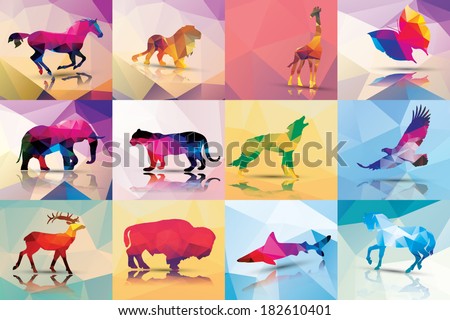 Collection of geometric polygon animals, horse, lion, giraffe, butterfly, elephant, leopard, wolf, eagle, deer, buffalo, shark, vector illustration