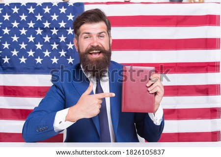 Handsome lawyer man promoting american constitutional liberties, free consulting concept.