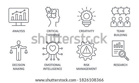 Problem solving icons editable stroke. Creativity analysis research critical thinking. Team building emotional intelligence risk management decision making. Vector stock illustration on white back Royalty-Free Stock Photo #1826108366