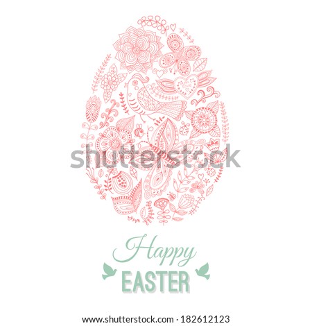 Easter egg card on wood, floral Easter egg background. Happy Easter card. Happy easter cards illustration with easter egg. Doodles ornament easter egg background