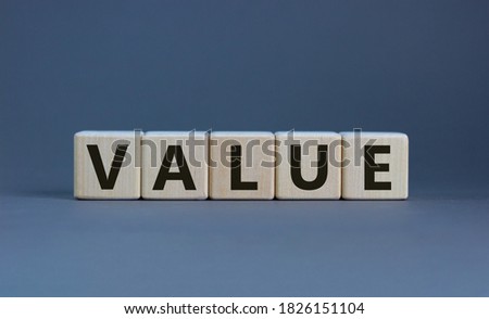 The word 'value' on wooden cubes on a beautiful grey background, copy space. Business concept.