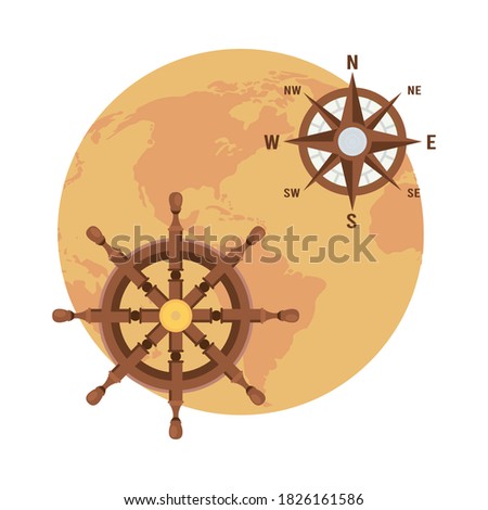 world earth map with compass guide and ship wheel vector illustration design