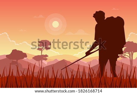Asian Farmer Cultivating Rice Field Paddy Plantation Agriculture Illustration