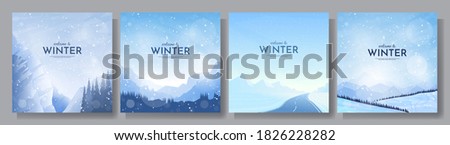 Vector illustration. Flat winter landscape. Snowy backgrounds. Snowdrifts. Snowfall. Clear blue sky. Blizzard. Snowy weather. Winter season. Design elements for social media, blog post, web template Royalty-Free Stock Photo #1826228282