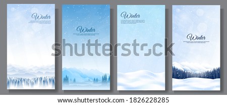Vector illustration. Flat winter landscape. Snowy backgrounds. Snowdrifts. Snowfall. Clear blue sky. Blizzard. Design elements for card, invitation, social media stories, discount voucher, flyers. Royalty-Free Stock Photo #1826228285