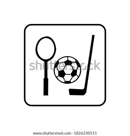 Vector illustration of sports equipment icons such as ball, racket and hockey stick.