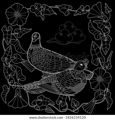 Art therapy coloring page. Coloring Book for adults. Colouring pictures with flowers and birds. Antistress freehand sketch drawing with doodle and zentangle elements.