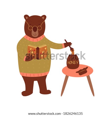 Cute bear in a soft sweater with glasses with a book. A jar of honey on the table. Isolated vector illustration. Wild animal