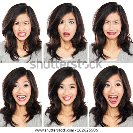 young woman with different facial expression face set isolated on white background Royalty-Free Stock Photo #182625506