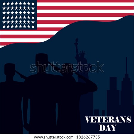 happy veterans day, silhouette soldiers saluting NY city american flag vector illustration