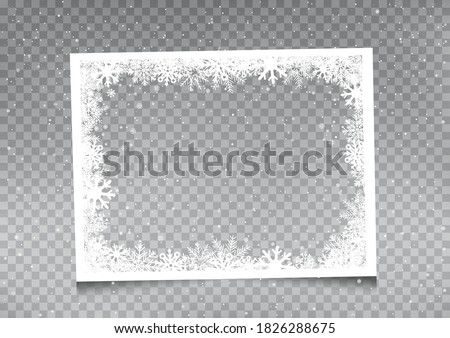Snowy rectangular frame template on gray transparent background. Christmas snowflakes holiday ice ornament banner Royalty-Free Stock Photo #1826288675