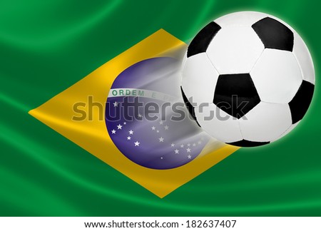 Soccer ball flying out of the flag of Brazil, where soccer is a national passion