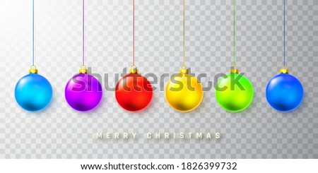 Colorful Christmas balls. Xmas glass ball on white background. Holiday decoration template. Vector illustration.