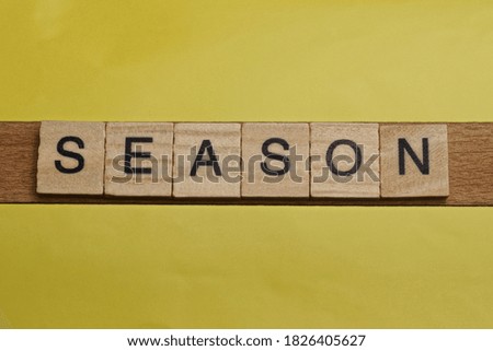 gray word season in small square wooden letters with black font on a yellow background
