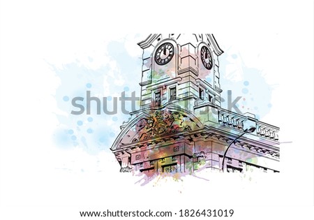 Building view with landmark of Auckland is a metropolitan city in the North Island of New Zealand. Watercolor splash with hand drawn sketch illustration in vector.