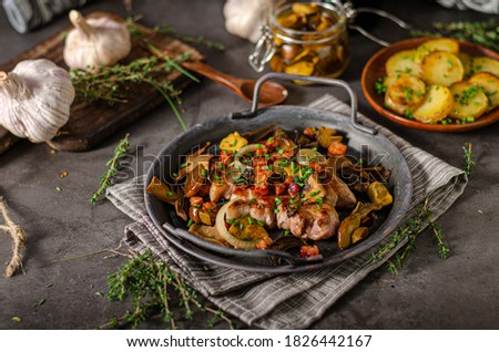 Delicious pork steak with vegetable and potatoes chips