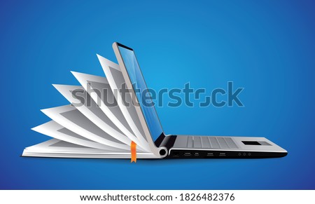 Computer as book knowledge base concept - laptop as elearning idea Royalty-Free Stock Photo #1826482376