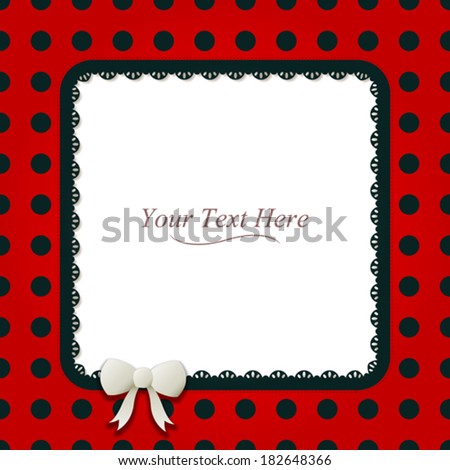 A cute black and red polka dot square frame accented with a small white bow and black lace. Eps 10 Vector.